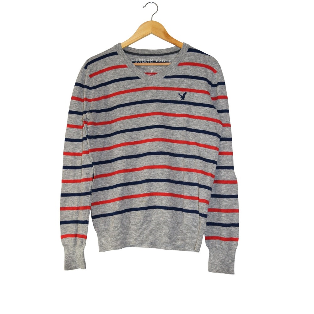 American Eagle Sweater Mens‎ Small Gray Red Blue Excellent Striped V-Neck Logo